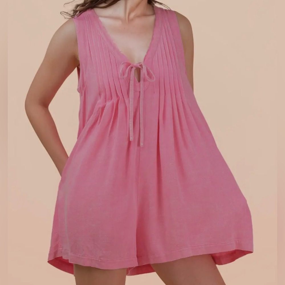 Mineral Washed Pleated Romper - Pink